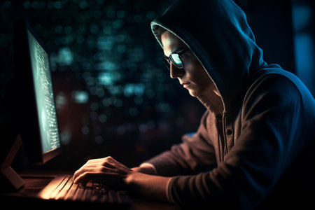 Hacker in hood and glasses using computer in dark room. cybercrime concept.の素材