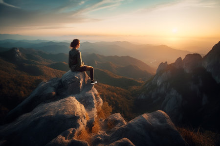 Young woman hiker sitting on the edge of the cliff and looking at the sunset.の素材