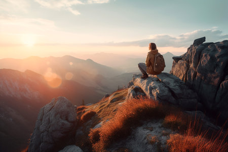 Hiker sitting on top of a mountain and looking at the sunriseの素材
