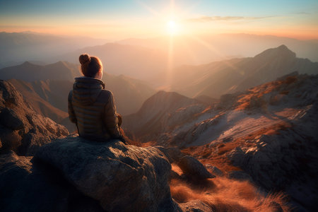 Hiker sitting on the edge of a cliff and enjoying the sunriseの素材