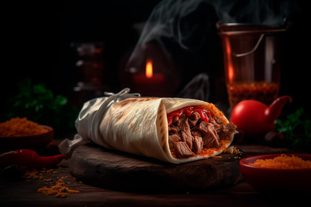 Burrito with meat and vegetables on a wooden background. selective focus.の素材