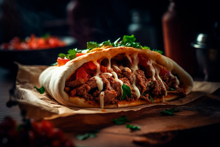 Traditional mexican tacos with beef, tomato and cilantro on dark backgroundの素材