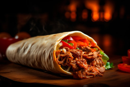 Tortilla with meat and vegetables on a dark background. Restaurantの素材