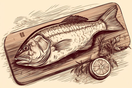 Vector illustration of a fish on a cutting board. vintage style.の素材