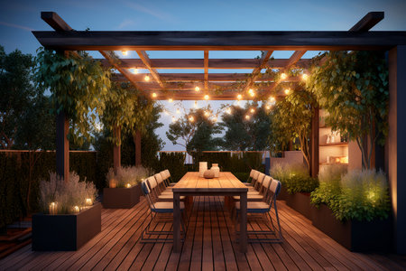 3D rendering of a cozy terrace with wooden furniture and lightsの素材