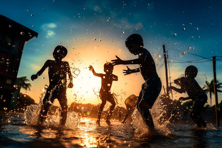 Children playing in the water on the beach at sunset time. Concept of happy childhood.の素材