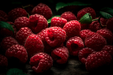 Fresh raspberries on dark background. selective focus. Toned.の素材