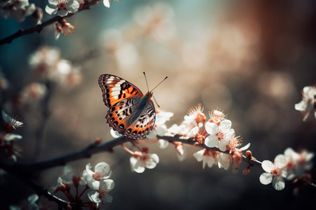 Butterfly on a branch of blossoming apricot treeの素材