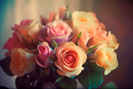 Bouquet of beautiful pink and orange roses, retro tonedの素材