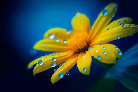 Yellow daisy flower with water drops on blue background. Shallow depth of fieldの素材