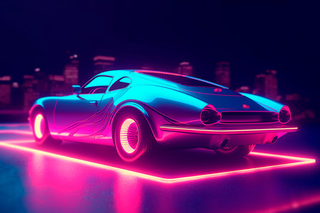 Retro car in neon light on dark background. 3D renderingの素材