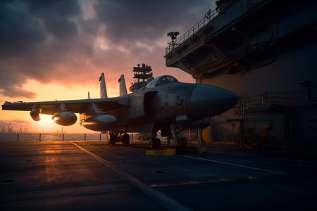 Fighter jet fighter on the deck of an aircraft carrier at sunsetの素材