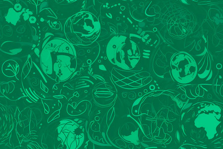 Green and white hand drawn earth doodles on a green backgroundの素材