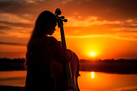 Beautiful girl with a cello on the background of the setting sunの素材