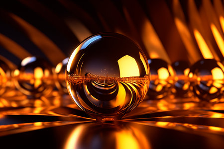 3d rendering of a crystal ball on a reflective surface. abstract background.の素材
