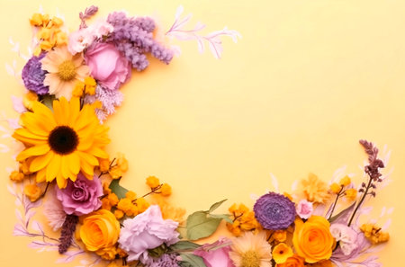 flowers composition. Frame made of colorful flowers on yellow background. Flat lay, top view, copy spaceの素材