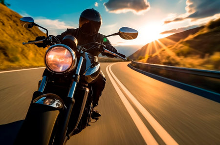 Motorcycle on the road in the mountains at sunset. motion blur.の素材