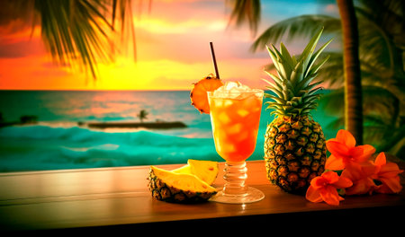 Pina colada cocktail on the beach with palm tree and sea backgroundの素材