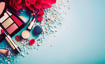 Decorative cosmetics on blue background with copy space. top view.の素材