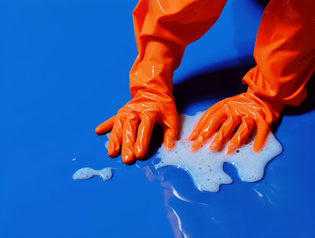 Close up of hand in orange rubber glove washing a blue surface.の素材
