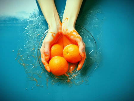 Female hands washing fresh orange fruits in water on blue background. Toned.の素材