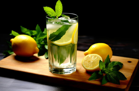 Mojito cocktail with lemon, mint and ice on wooden boardの素材
