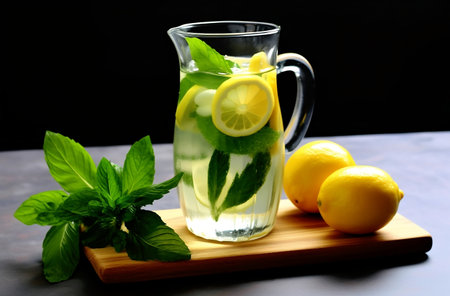 Mint lemonade with fresh mint leaves and lemons on black backgroundの素材