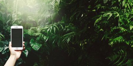 Woman hand holding smartphone with blank screen in green tropical jungle background.の素材