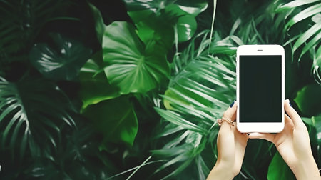 Woman holding white smartphone with blank screen among tropical leaves. Mock up, copy spaceの素材