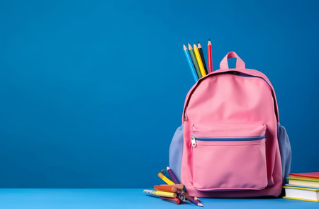School backpack with stationery on blue background. Back to school conceptの素材