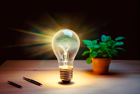 Incandescent light bulb on a wooden table with a plant in the backgroundの素材