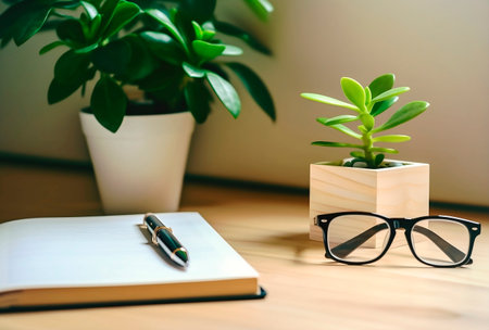 Notebook and eyeglasses on the wooden desk with green plantの素材
