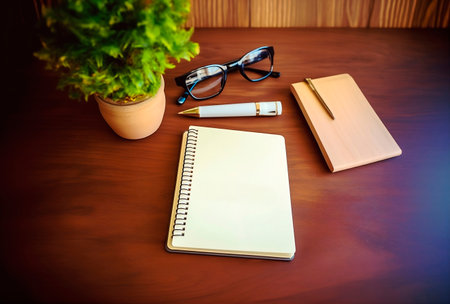 Office desk table with blank notebook, pen, glasses and plant.の素材