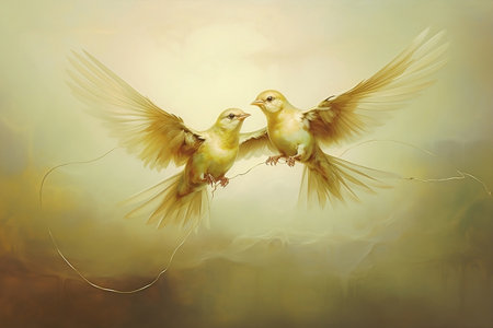 Two birds flying in the sky. digital painting. Illustration.の素材