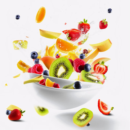 Fruit salad in white bowl with flying fruits and berries isolated on white backgroundの素材