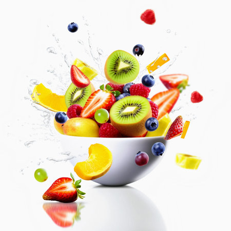 Fruit salad in a bowl with splashes, isolated on whiteの素材