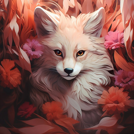 Portrait of a fox with flowers in the background. Illustrationの素材
