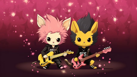 Cute fox and wolf playing electric guitar on a pink background.の素材