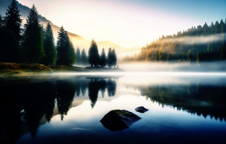 Mountain lake in the morning mist. Colorful landscape with forest on the shore.の素材