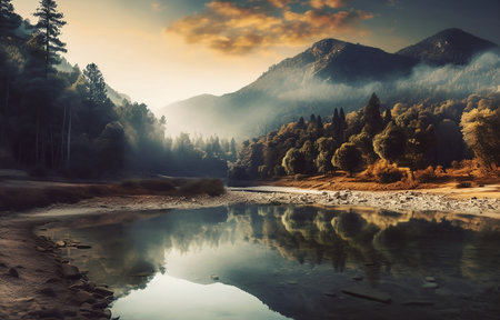 Foggy autumn landscape with mountain river. colorful autumn landscape.の素材