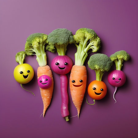 Creative food concept photo of funny vegetable faces on purple background.の素材