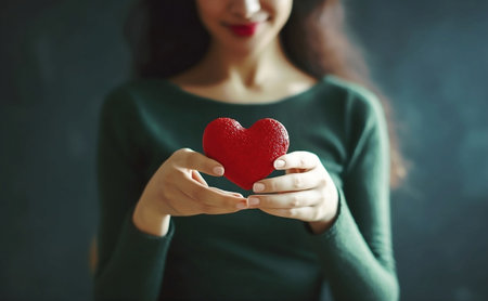 Close-up of a woman holding a red heart in her handsの素材