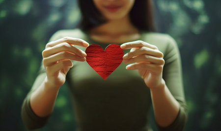 Young woman holding red paper heart in her hands. valentines day conceptの素材