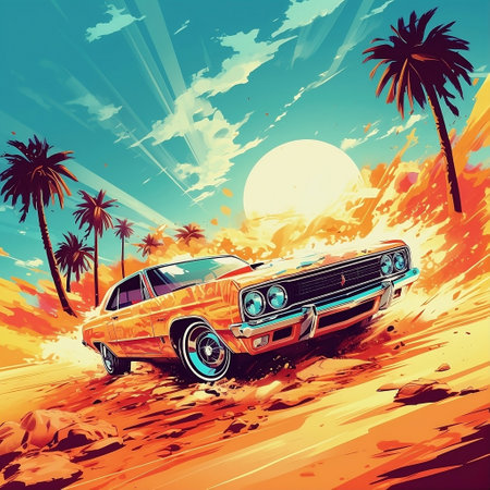 Vintage car on the beach at sunset.の素材