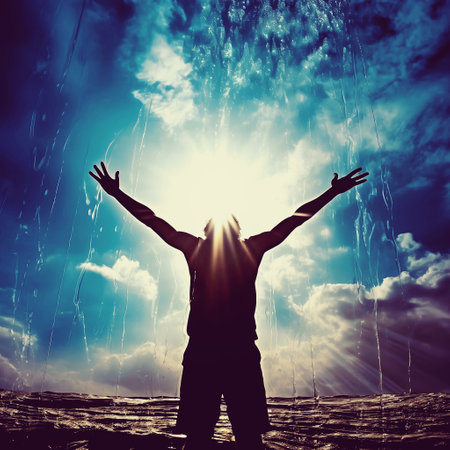 Silhouette of a man with raised hands against the sky and rainの素材