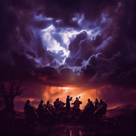 Musicians playing the instruments on the background of the stormy skyの素材