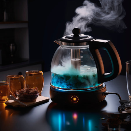 Teapot with blue boiling water on the table in the kitchenの素材