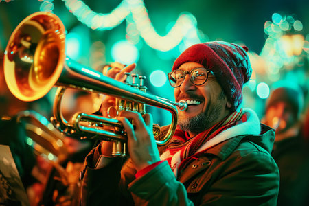 Handsome bearded jazz musician playing trumpet on the street at nightの素材