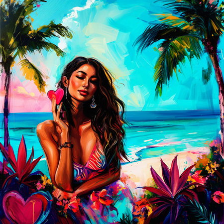Beautiful woman in bikini on the beach with flowers.の素材