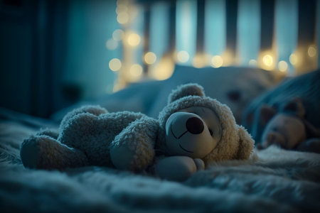 Cute teddy bear sleeping on the bed at night. Selective focus.の素材